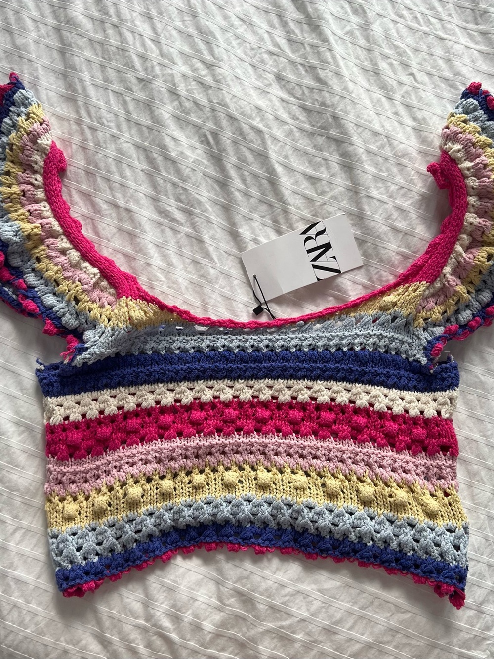 Zara NWT Crochet Striped Crop Top Multicolor Boho Medium
